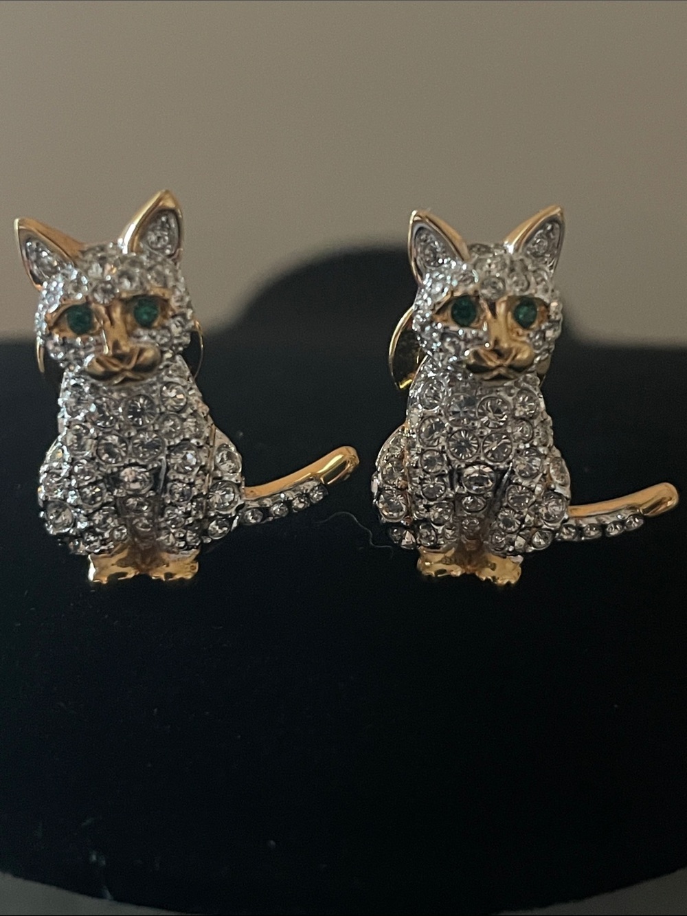 Swarovski Crystal Cat Brooches with Clear Crystals and Green Eyes